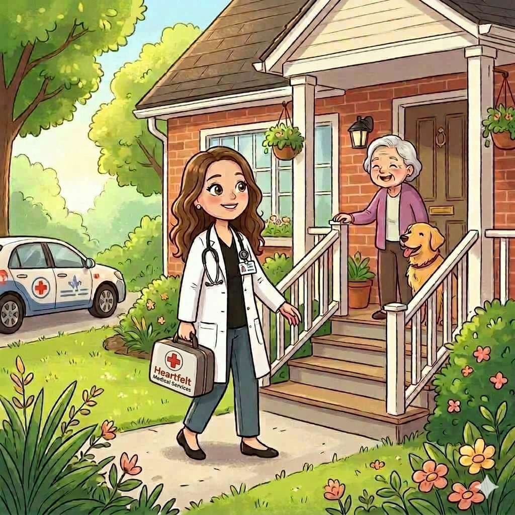 Jody Gosnell, FNP-BC, arriving for a home visit with her medical bag to care for a smiling senior patient on her front porch